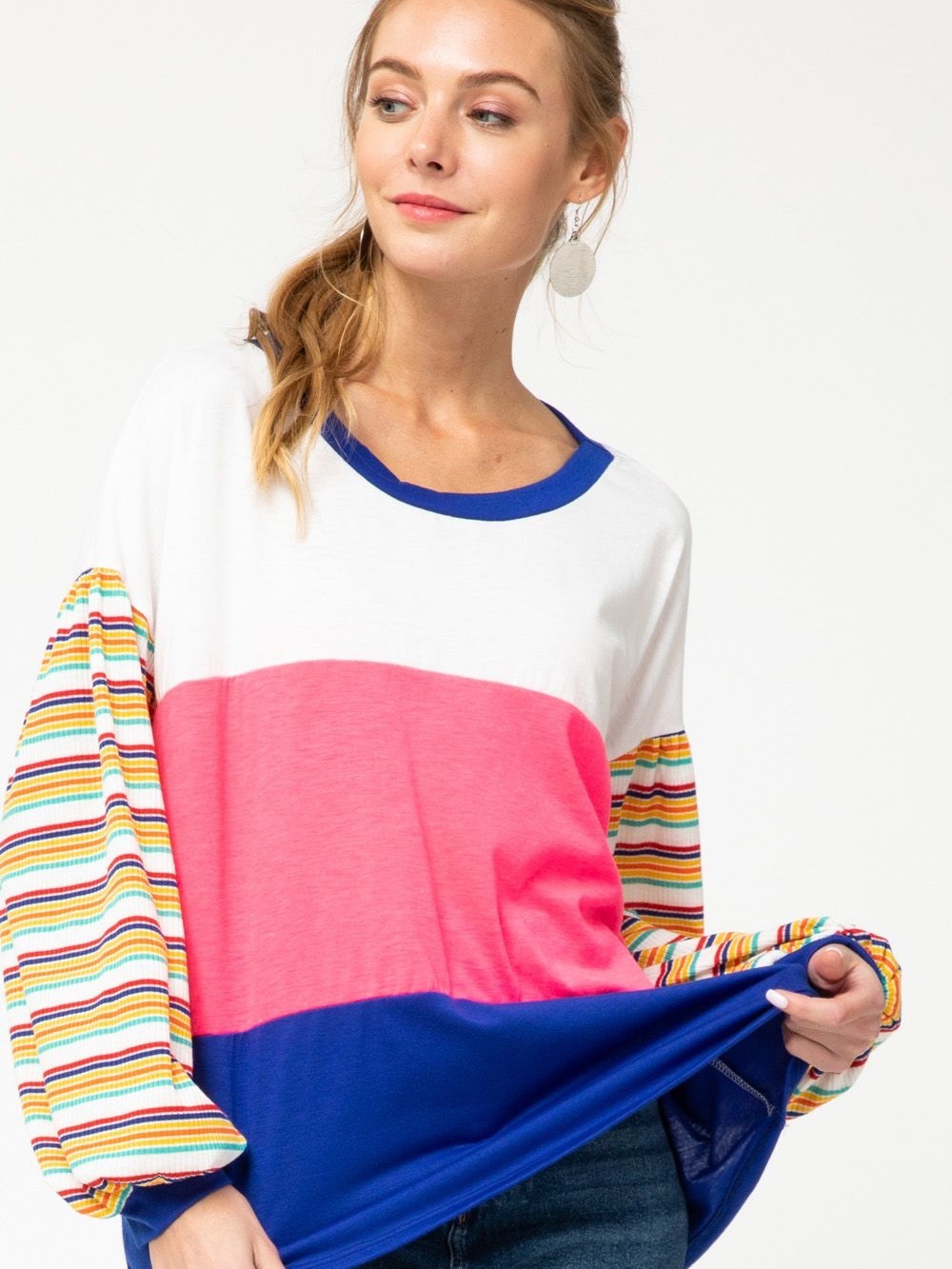 Colorblock Stripe Sleeve Women's Top - White, Pink & Blue